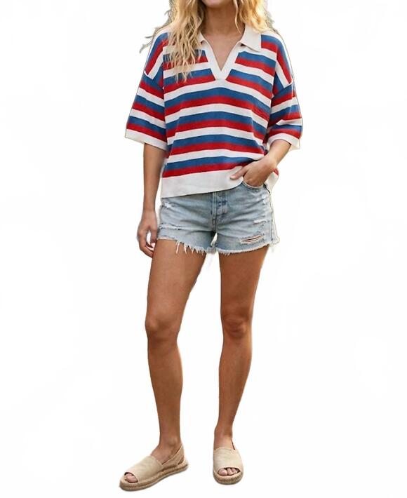 SEWN AND SEEN Tops - NEW SEWN AND SEEN women's americana striped lightweight sweater top in red/blue/